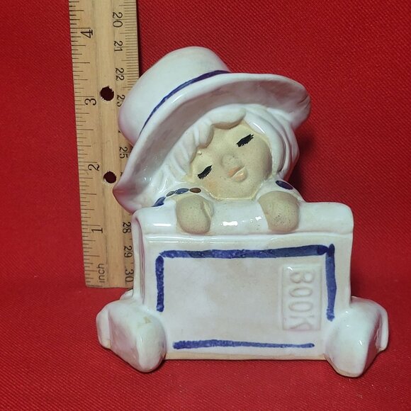Vintage UCTCI Sitting Girl Hat Book Figurine Incense Stick Holder Ceramic Japan - Picture 8 of 12